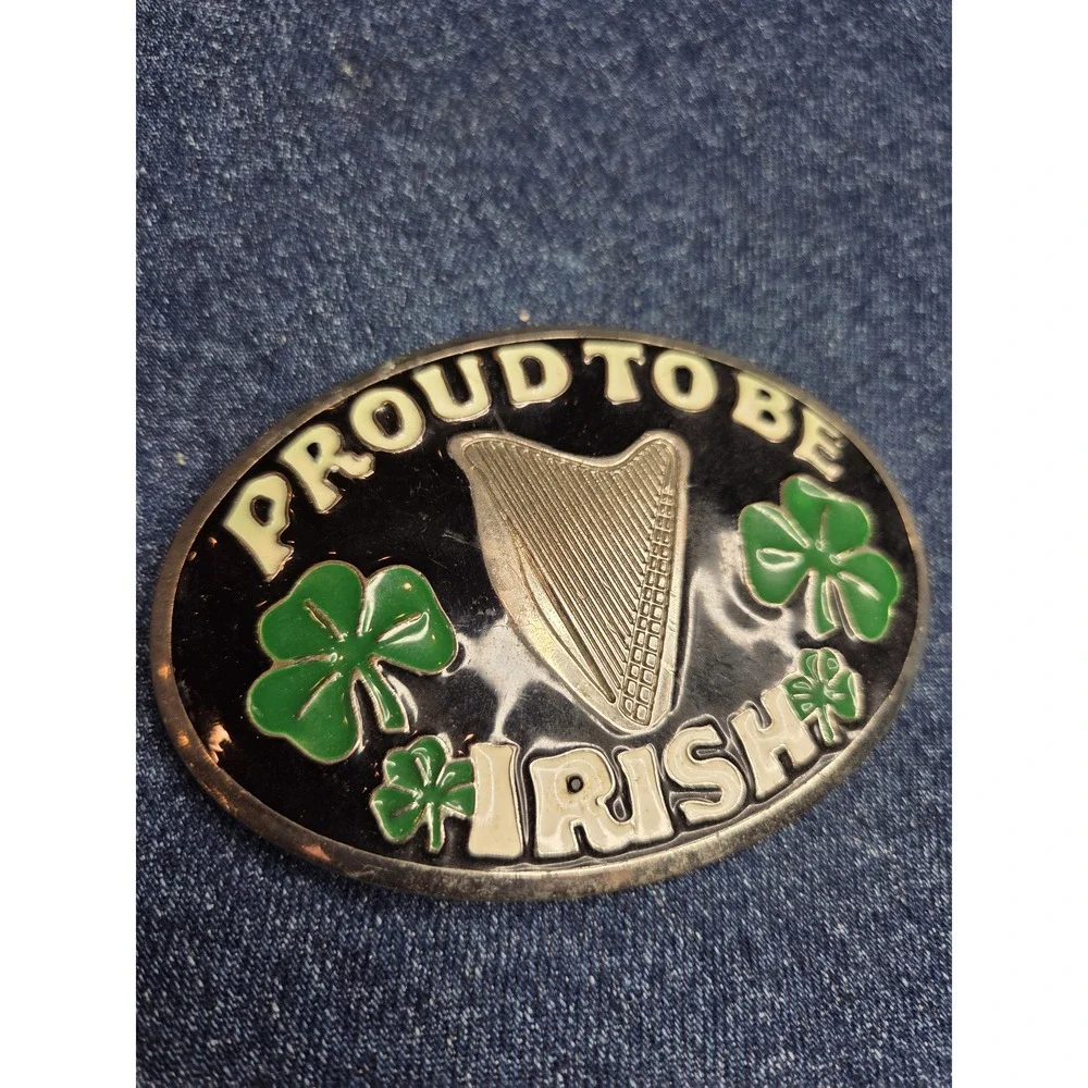 Proud to be Irish 4-Leaf Clover Harp Enamel Belt Buckle